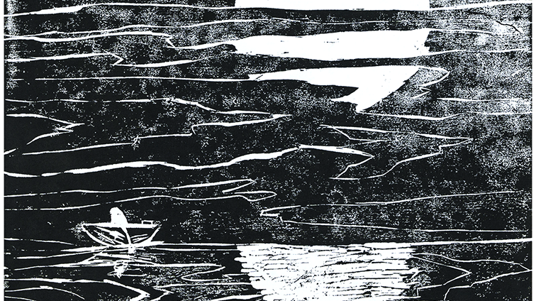 大きな月が湖にかがやく風景