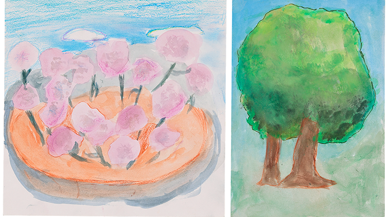 むらさきの花、学校の木